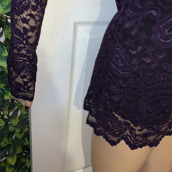Vintage 90s royal purple stretch lace velvet ribbon square neck tunic top L - Picture 13 of 16